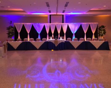 wedding couple, dates, and theme message projected in front of bridal party table