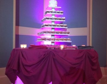spolight illumitates multi-tiered cupcake trays on table
